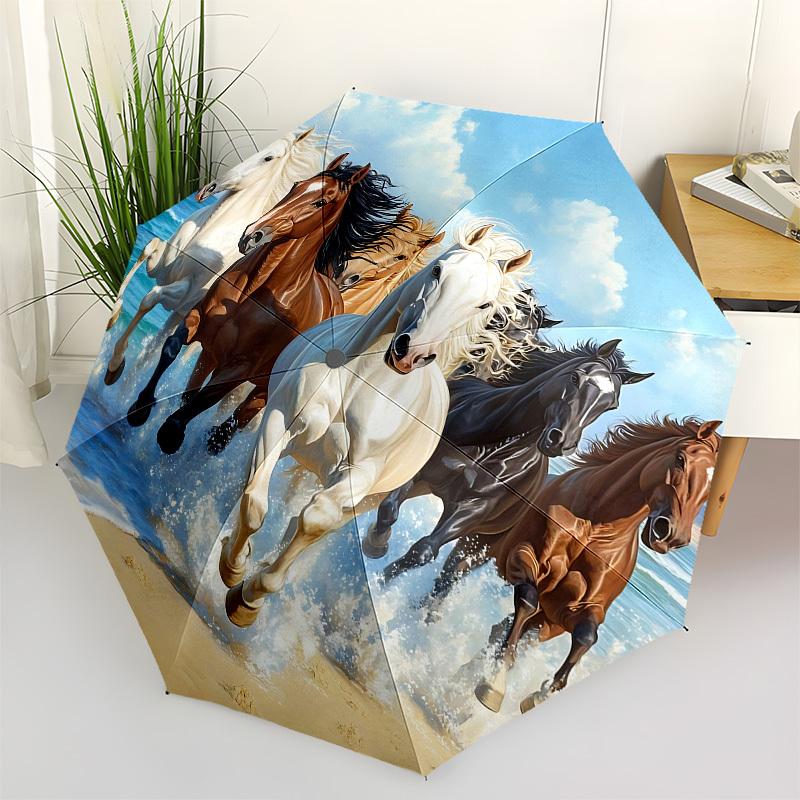

Horses,Beach Automatic Folding Umbrella Compact 8 rib Design,Unique Style,Suitable for Everyday Outdoor Use,Perfect Gift for Friends a