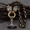 Viking Style Two Tone Wolf Head Mens Necklace With Mjolnir Pendant