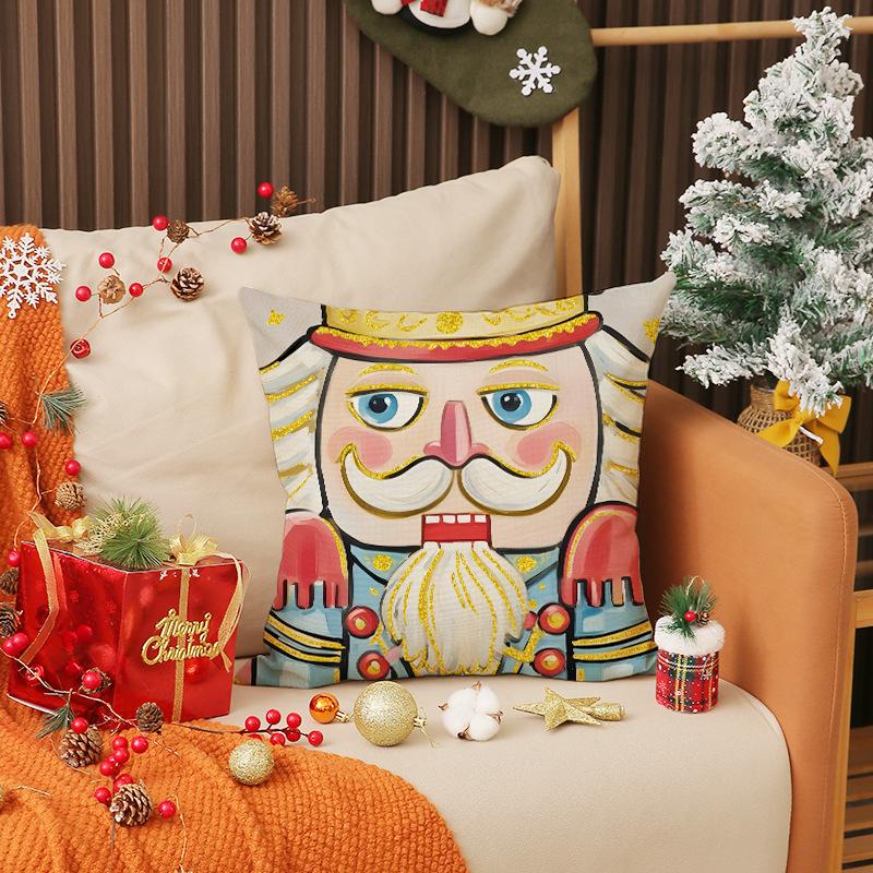 Ny God Jul Nötknäppare Kuddfodral Linne Tryck Tecknad Träsoldat Kudde Dekoration