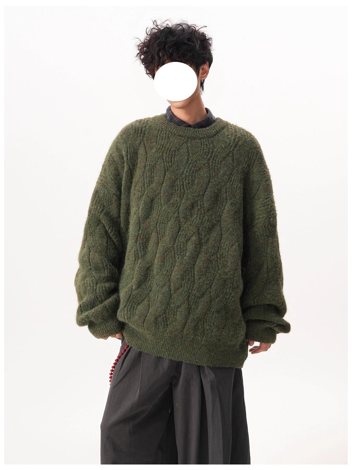 Unisex Retro Heavyweight Textured Knit Crew Neck Sweater - Autumn/Winter Loose Fit Pullover L