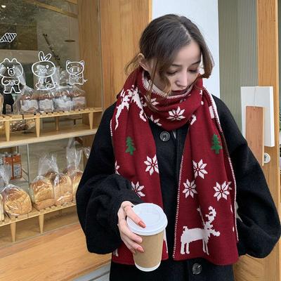 Vánoční červené pletené bavlněné šály Šátek Žena Zimní teplejší šály S potiskem jelena losa Zavinovačka Dámský nákrčník Šátek jako dárek Šály