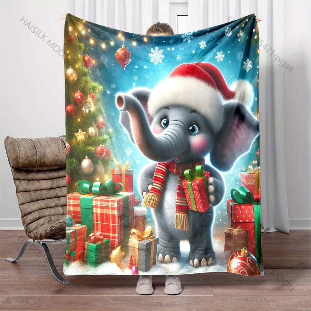 Christmas Elephant with Presents Pattern Blanket Flannel Material Soft Warm for All Seasons,For Home Outdoor Camping Picnics RV