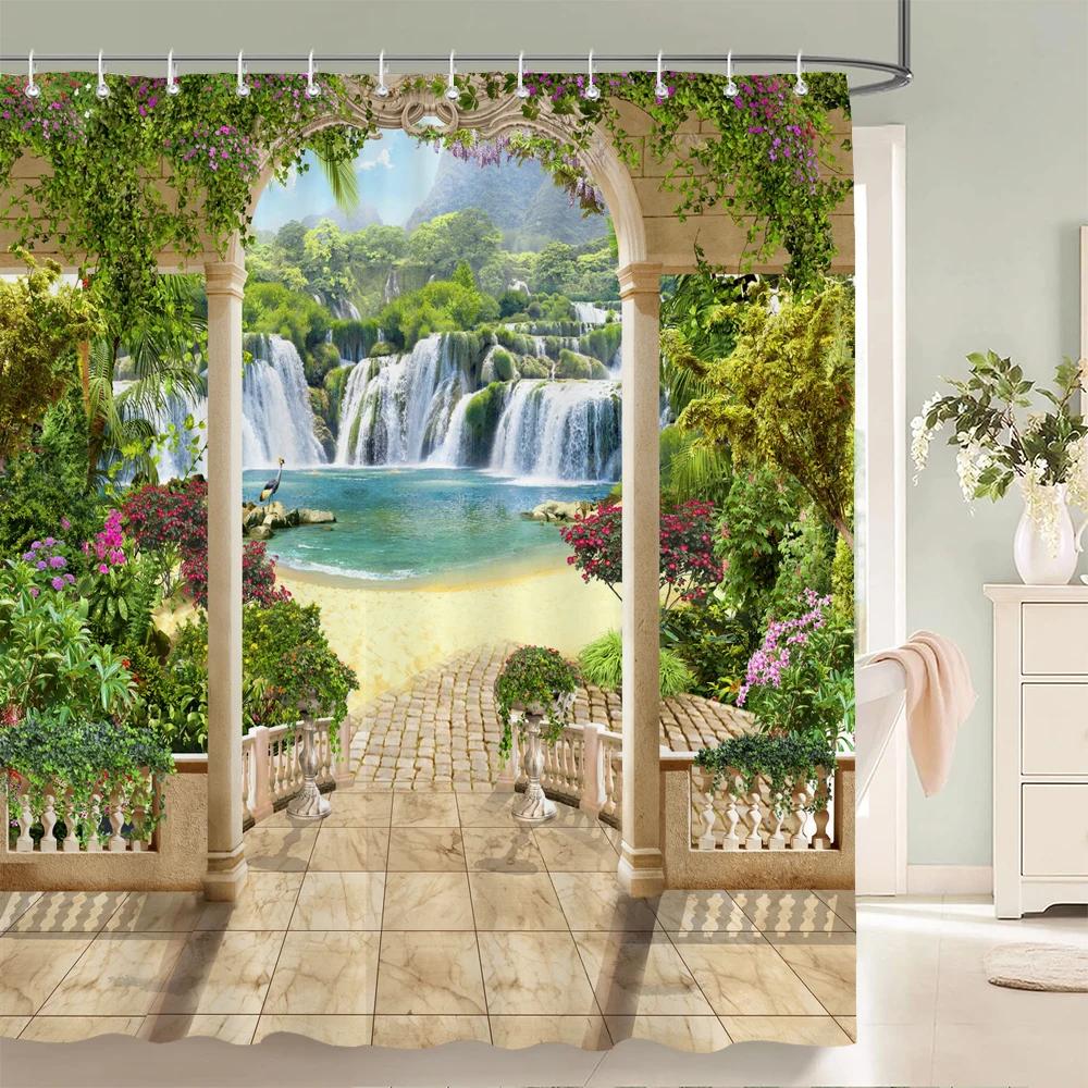 3D European Rural Flower Landscape Printing Bathroom Waterproof Shower Curtain Polyester Bath Curtain Home Decoration Curtain