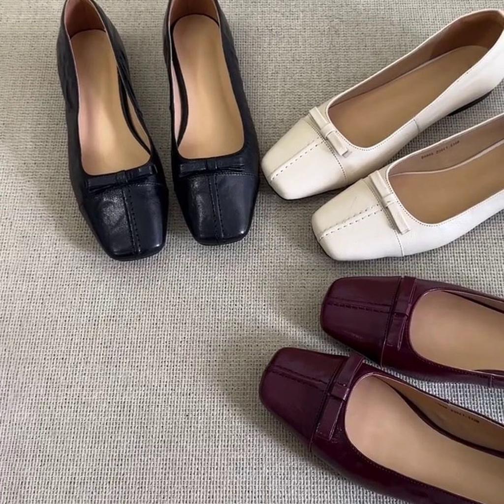 Sheepskin version~ French square head bow flat shoes shallow mouth one pedal single shoes commuting shoes femininity grandma shoes