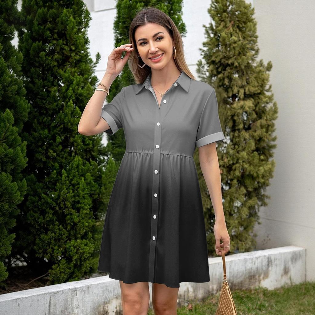 Women’s Casual Loose Fit Shirt Dress Button Down Stand Collar Short Sleeve Gradient Print Fashion Tunic Dress