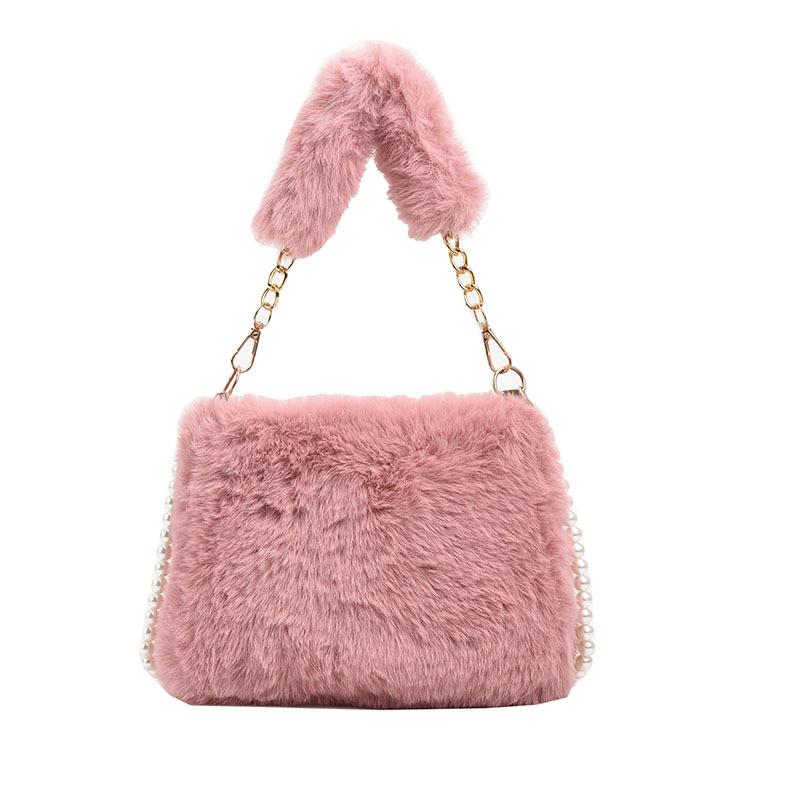 Ielgy Plush Bag Autumn Winter Pearl Chain Crossbody Bag