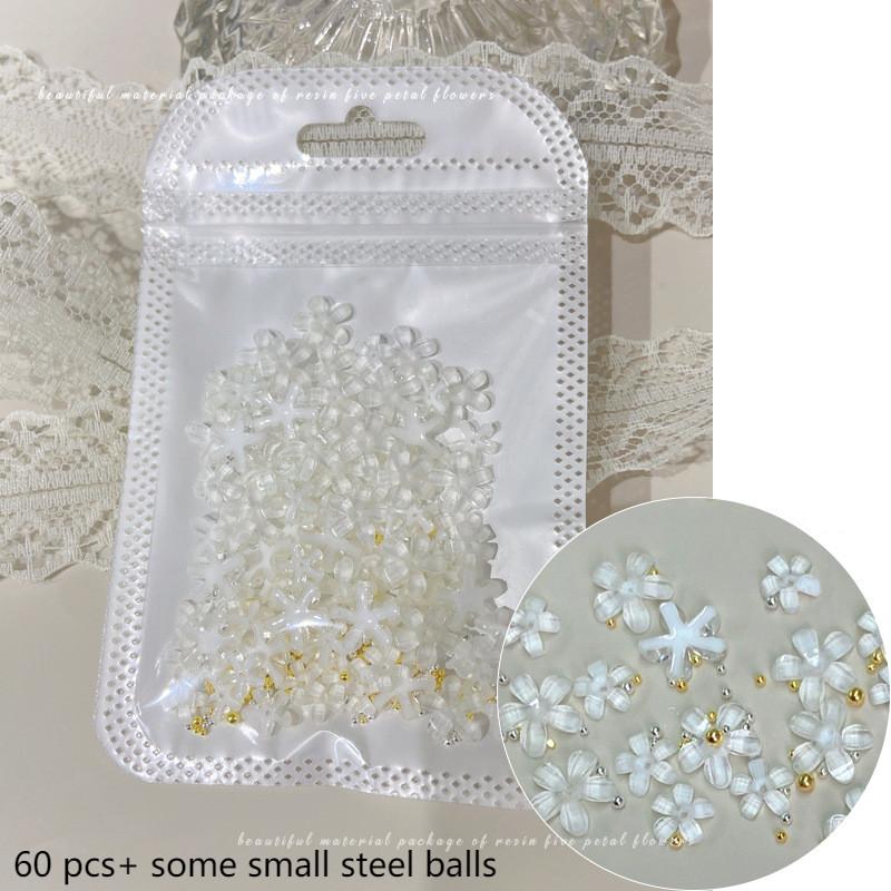 60pcs/bag Ice-clear Five-petal Flower Nail Art Accessories White Pink Flowers Gold and Silver Color Steel Beads