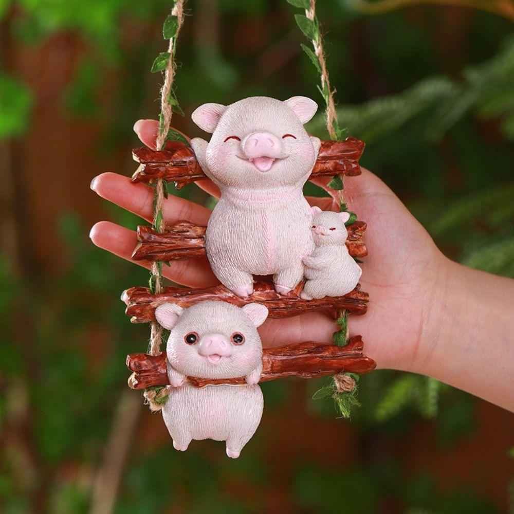 Cute Pig Statue Pendant Cartoon Miniatures Figurine Crafts Cat Climbing Vine Pendant  Outdoor