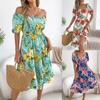 Women's Square Neck Puff Short Sleeve Smocked High Waist Ruffle Hem Tropical Floral Midi A Line Dress