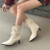 Französische spitze High-Heel-Kurzstiefel Damenschuhe 2025 neu Herbst und Winter Temperament plissierte geraffte Stiefel Stiletto Nieten kleine nackte Stiefel