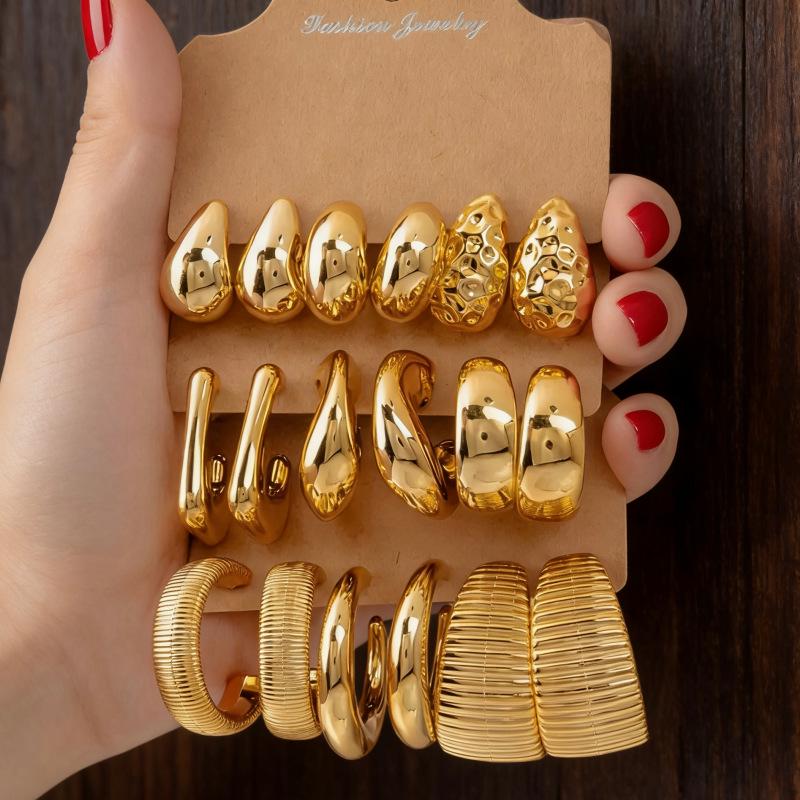 Gold Geometric Water Drop Earrings & C-Shaped Ear Cuffs Set