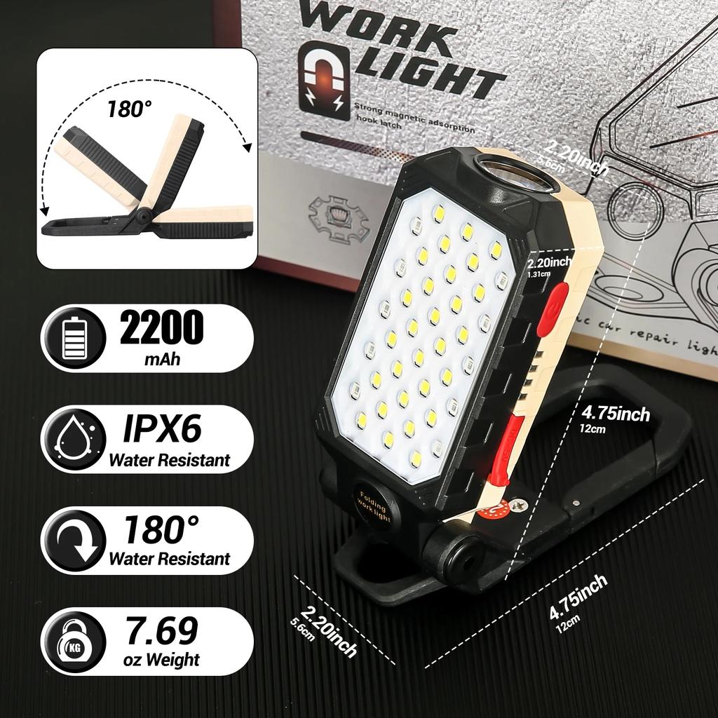 High Power LED Flashlight Rechargeable COB Work Light Adjustable Waterproof Camping Lantern Magnet With Power Display