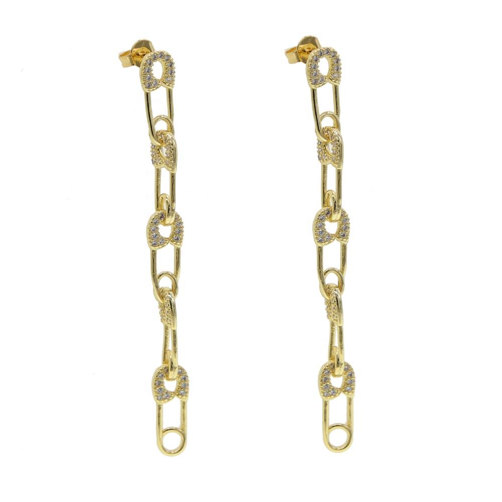 18k Gold Plated Trendy Women Jewelry Clear Cz Long Tassel Safety Pin Dangle Earring