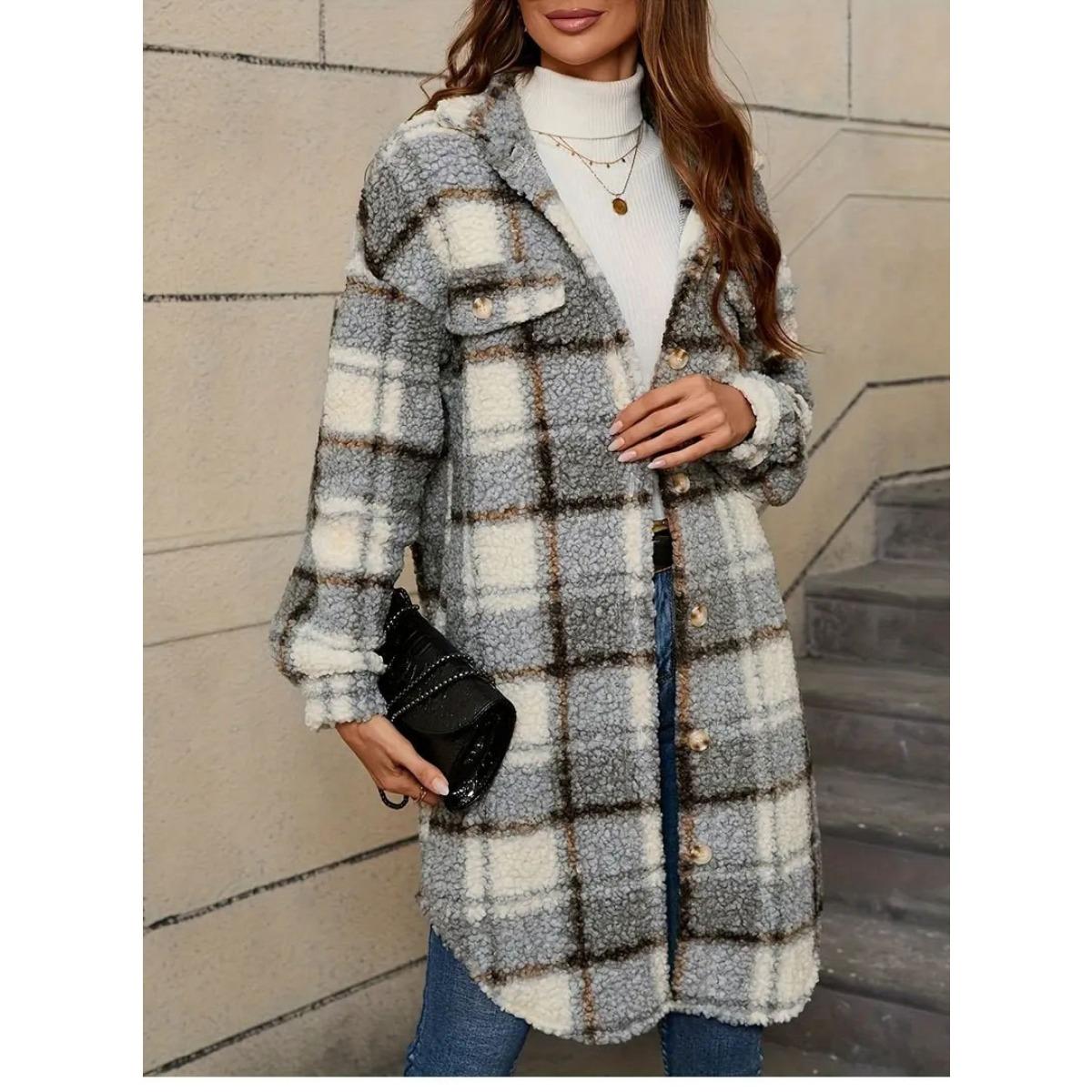 

Утепленное пальто для осени и зимы, Новая женская одежда, Пальто из искусственного меха в клетку с лацканами, Повседневное пальто XL серый
