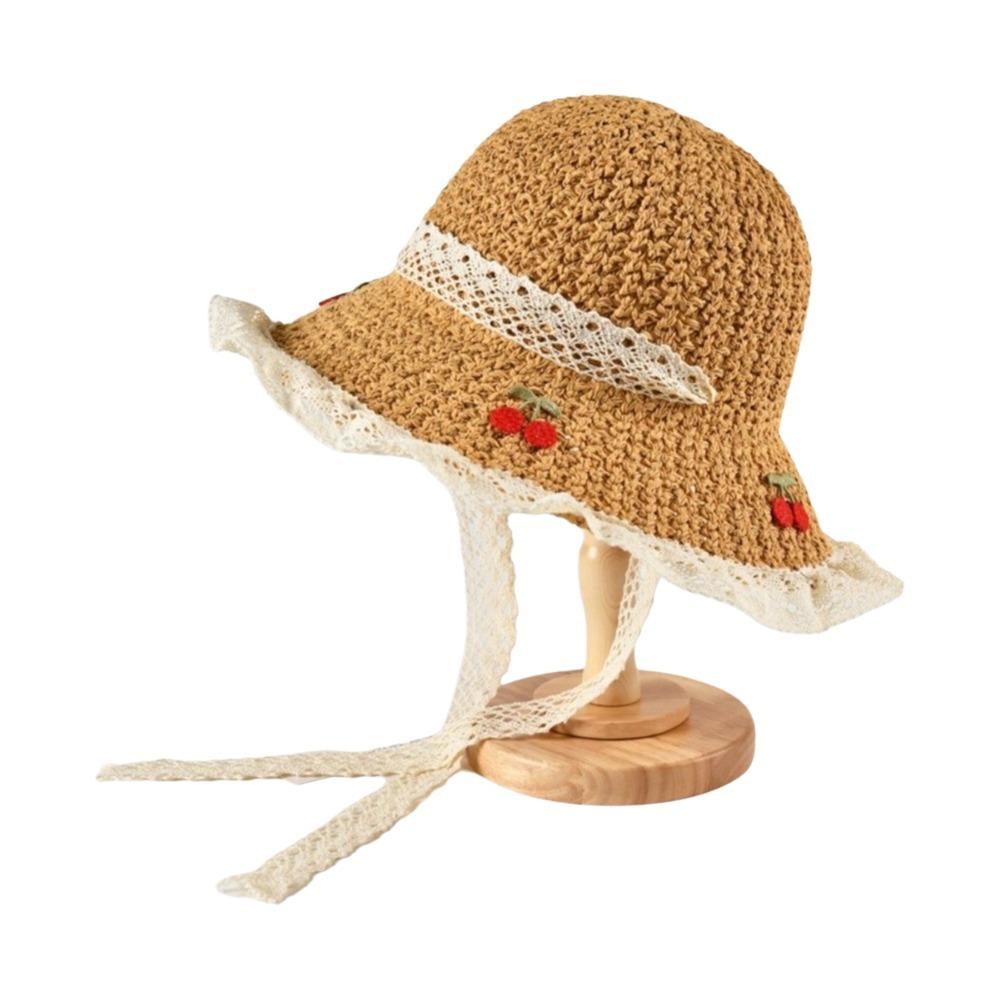 

Соломенная шляпа-рыбак с вышивкой вишни, кружевная плетеная шляпа-ведро, повседневная женская шляпа от солнца, для улицы хаки