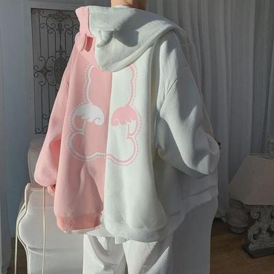 Fairy Couple Pink & White Contrast Bear Jacket Cardigan - Herren Frühling/Herbst Baseballpullover