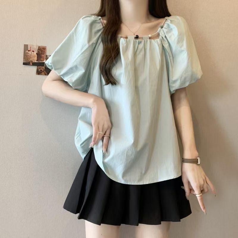 Women's Plus Size Puff Sleeve Square Neck Top - French Pleated, Slimming & Versatile Summer Fashion