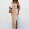 Women's Scoop Neck Sleeveless Spaghetti Strap Midi Dress Bodycon Mid Rise Elegant Solid Knit Slip Dress