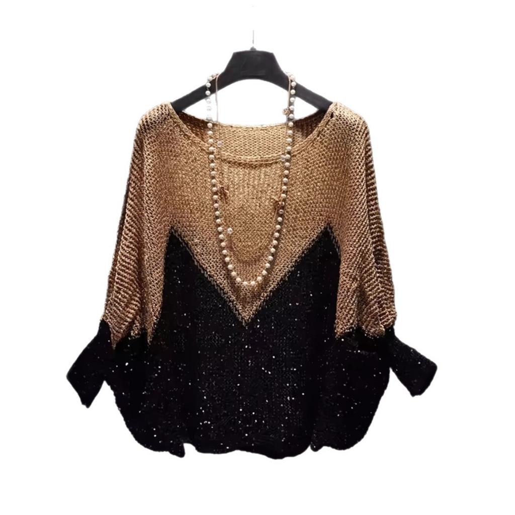 Fall Winter New Women's Colorblock Sequined Knit Sweater Loose Hip-Covering Casual Bottoming Top