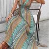 Strap Print Dress Women A line Sleeveless Waist Deep V Spring Summer S-XL