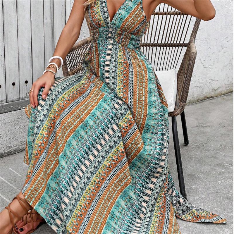 Strap Print Dress Women A line Sleeveless Waist Deep V Spring Summer S-XL