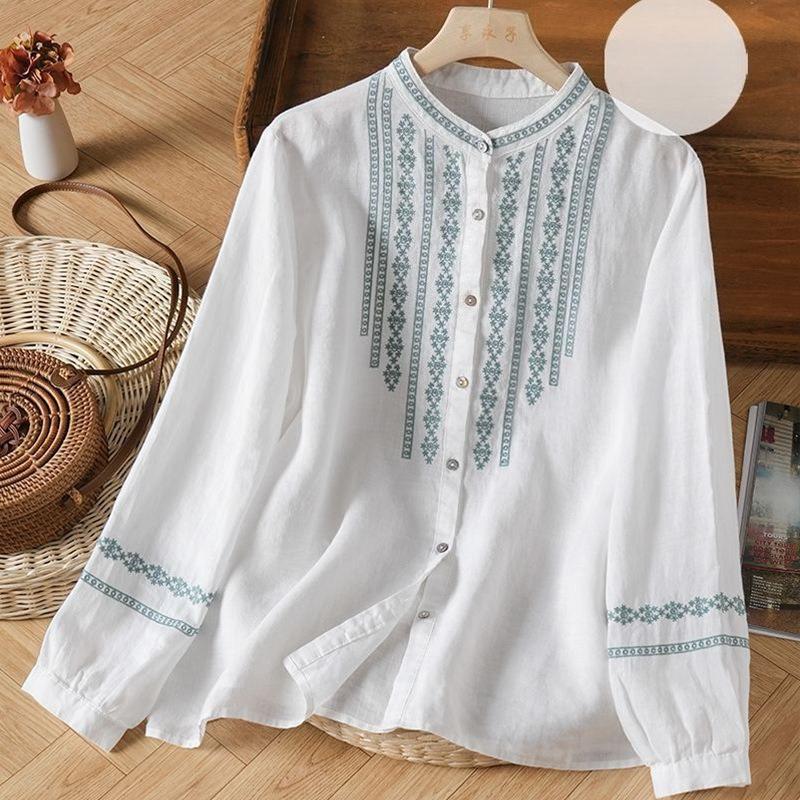Ретро Художественная Вышитая Хлопково-льняная Женская Рубашка с Воротником-стойкой Свободного Кроя с Длинным Рукавом Весенний Топ S
