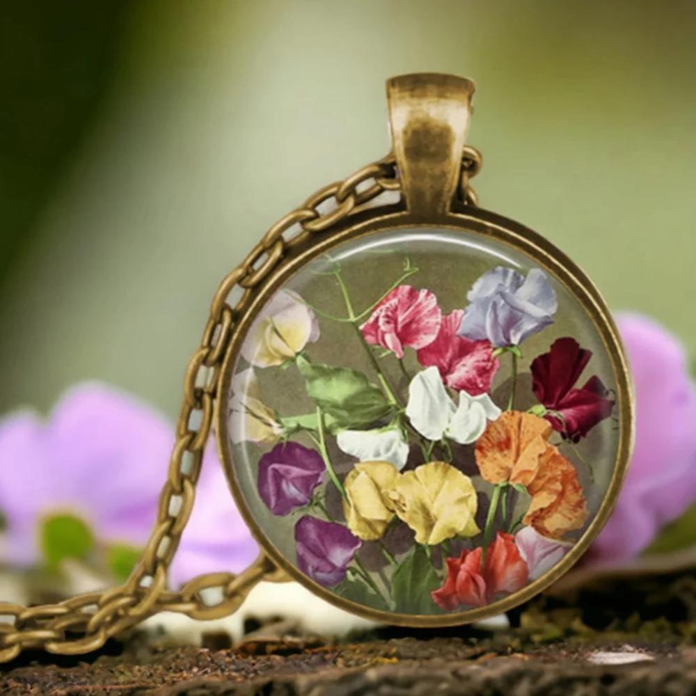 Vintage Antique Gold Plated Colorful Sweet Pea Flower Glass Pendant Necklace For Women Jewelry