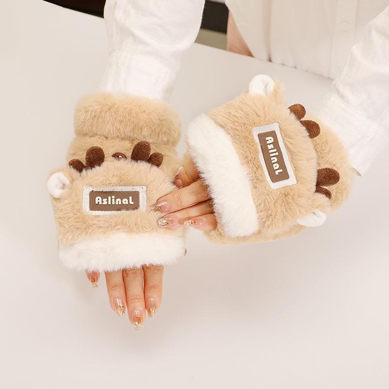 Women's Winter Warm Color Block Reindeer Flip Fingerless Gloves - Fleece Lined, Thickened & Anti-Freeze for Writing & Cycling