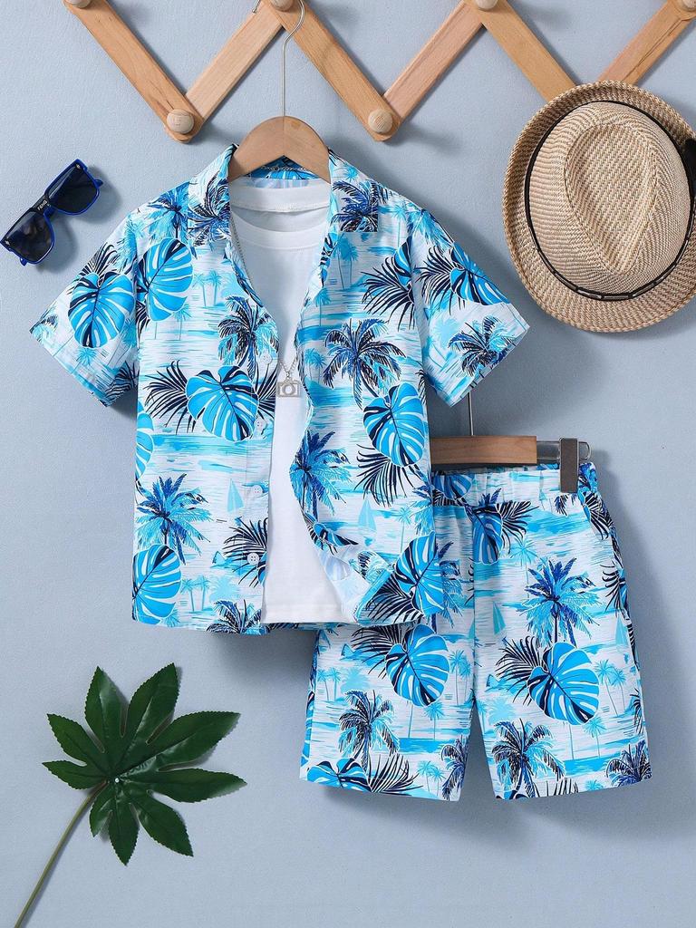2-Piece Set for Boys' Casual Coconut Leaf Pattern Short-Sleeve Collared Shirt Jacket and Matching Shorts - Hawaii Aloha Shirt Spring/Summer Collection