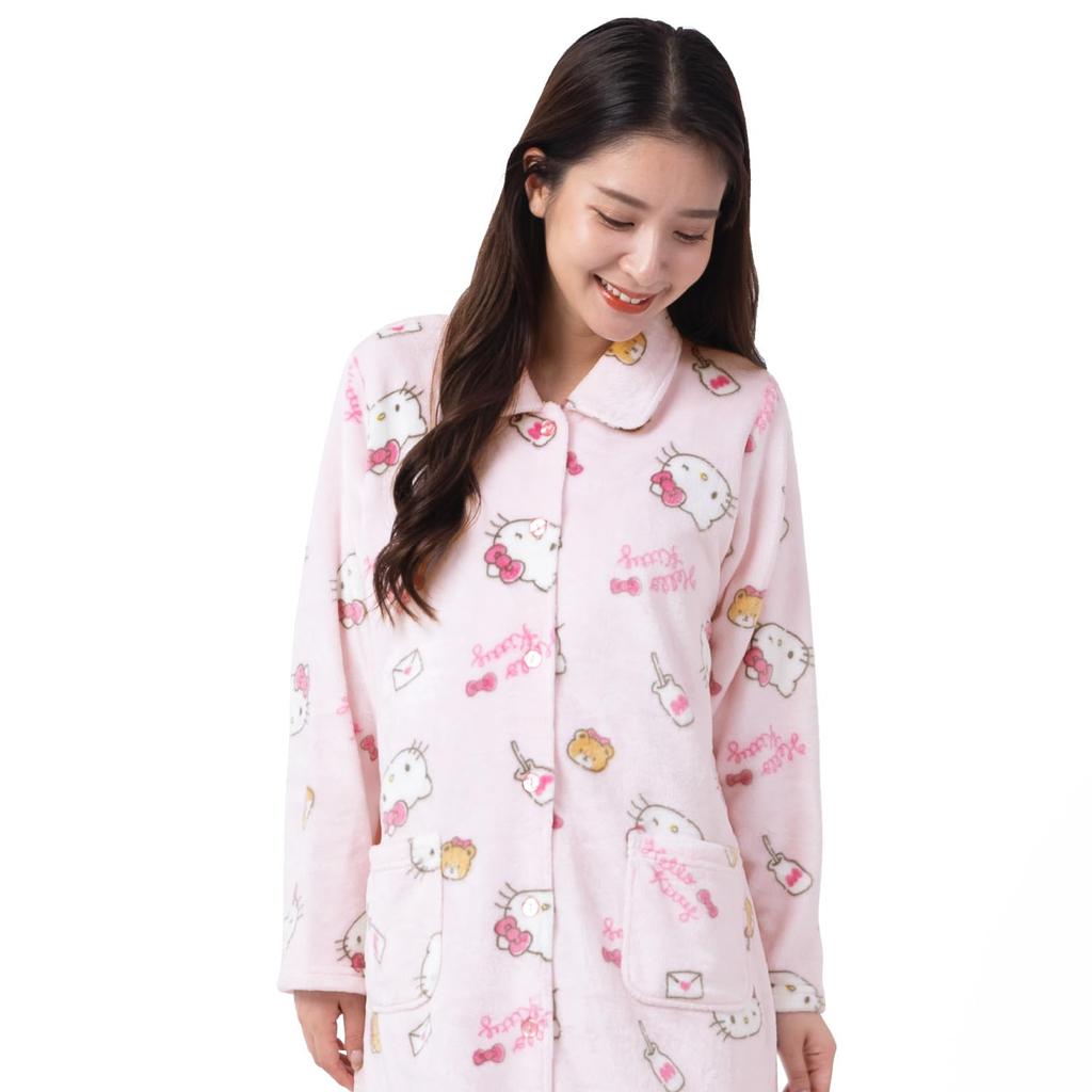 Hello Kitty Nightgown Flannel Loungewear Pink Ribbon Hello Kitty [SAZAC] One-piece Women's Button-down (Pink/ML/SAN1747)