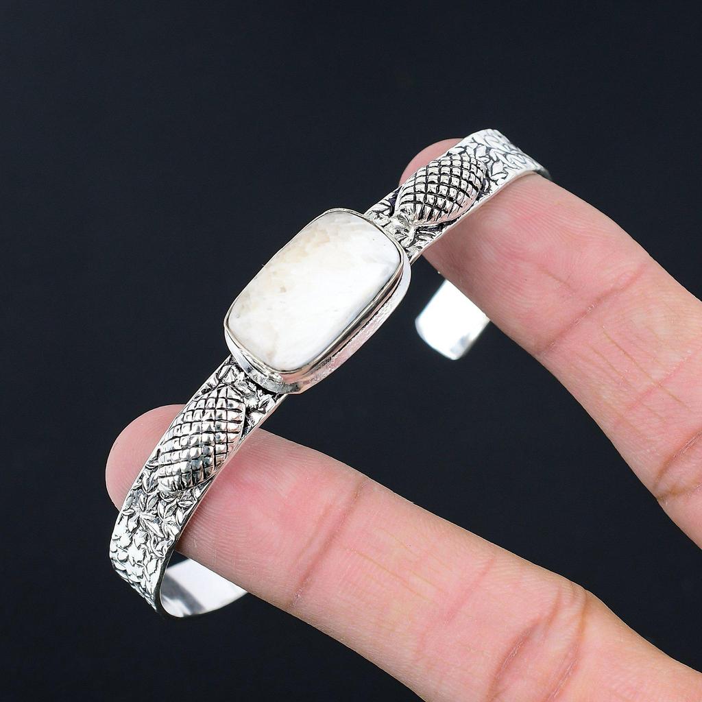925 Sterling Silver Radiant Natural Scolecite Art Deco Daughter Bangle Jewelry