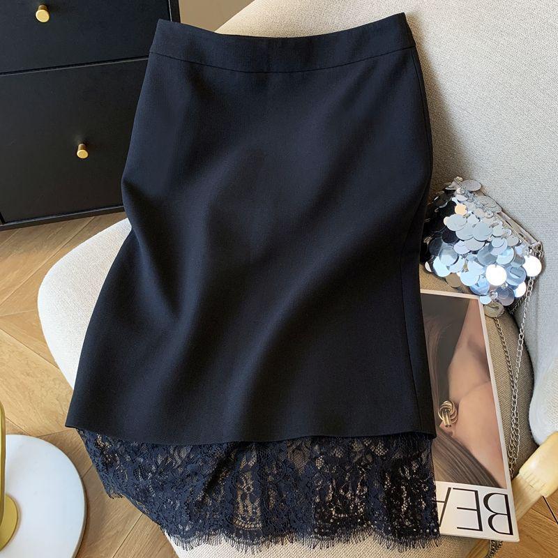 Women's Lace Spliced Midi Skirt - Light Luxury, Versatile, Autumn/Winter 2025 New Arrival, White-Collar Bodycon Style