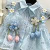 Girls Summer Preppy Flutter Sleeve Floral Blouse With Lace Trim Shorts Princess Two Piece Outfit Set