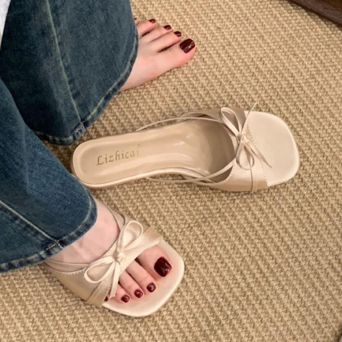 French Beautiful Cool Slippers Women S Summer Wear Bow Flat Bottom One-Word With Skirt Beach Sandals 35 5260₽