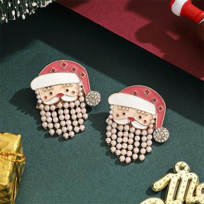 Luxury Imitation Pearls Santa Stud Earring for Women Cute Cartoon Rhinestone Elk Christmas Tree Earring New Year Holiday Jewelry