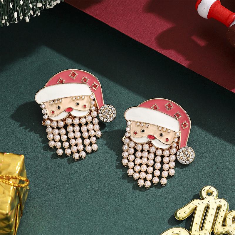 Crystal Zircon Imitation Pearl Santa Claus Stud Earring for Women Cute Elk Christmas Tree Snowflake Earring Girls Party Jewelry