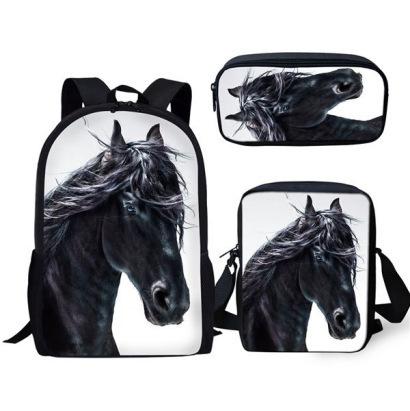 Grasland Pferdemuster dreiteiliges Rucksack-Federmäppchen-Umhängetaschen-Set lässig 3D-bedrucktes Rucksack-Set