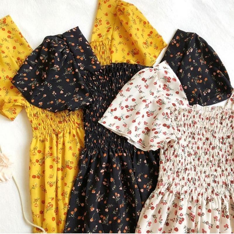 Chiffon Dress Women Dresses Female Short Sleeve Elastic Waist Printed Floral Pleated Backless Casual Dress