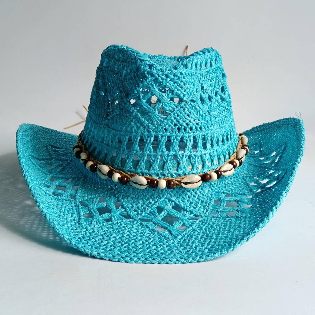 Sommer Strand Böhmischer Strohhut Holzperlen Ausgeschnitten Sonnenhut Muschel Damen Herren Westliche Cowboyhüte chapeau cowboy