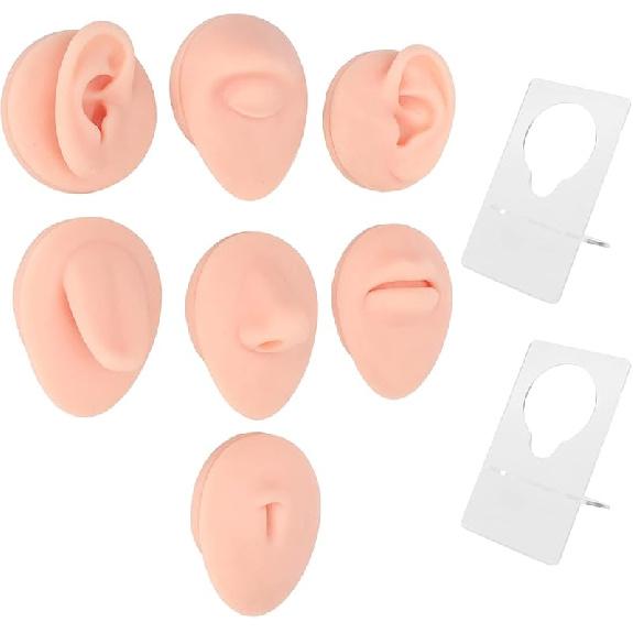 Soft Silicone Flexible Model Body Part, Silicone Nose Tongue Mouth Eye Navel Ear Model Fake Ear with 2 Base for Piercing Practice Acupuncture and