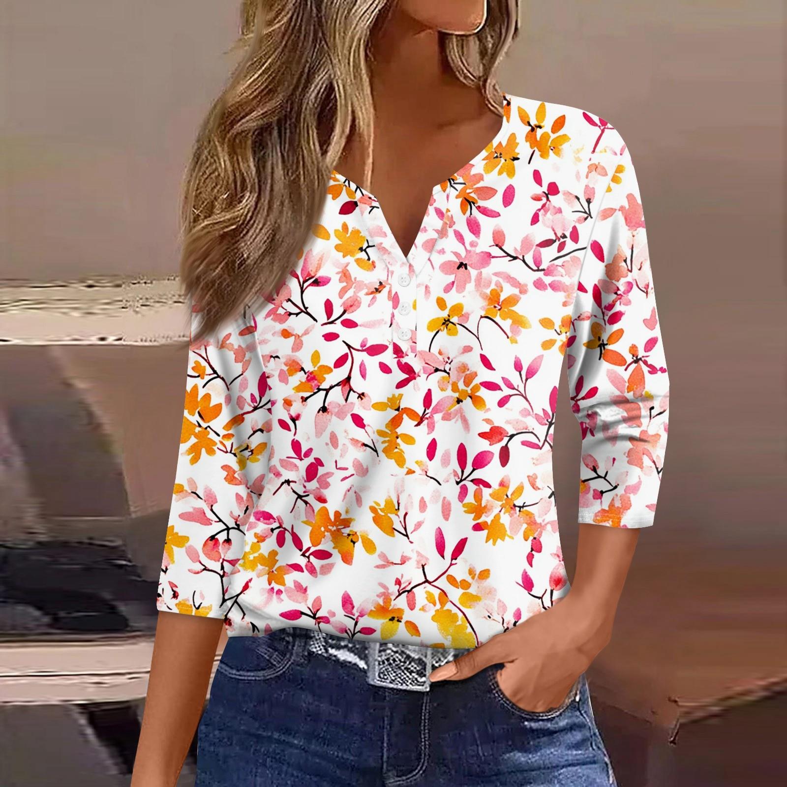 

Жен. Футболка Футболка С принтом Пуговицы Рукав 3/4 Повседневные Выходные Мода Классический Классический V-образный вырез Обычный Верх S