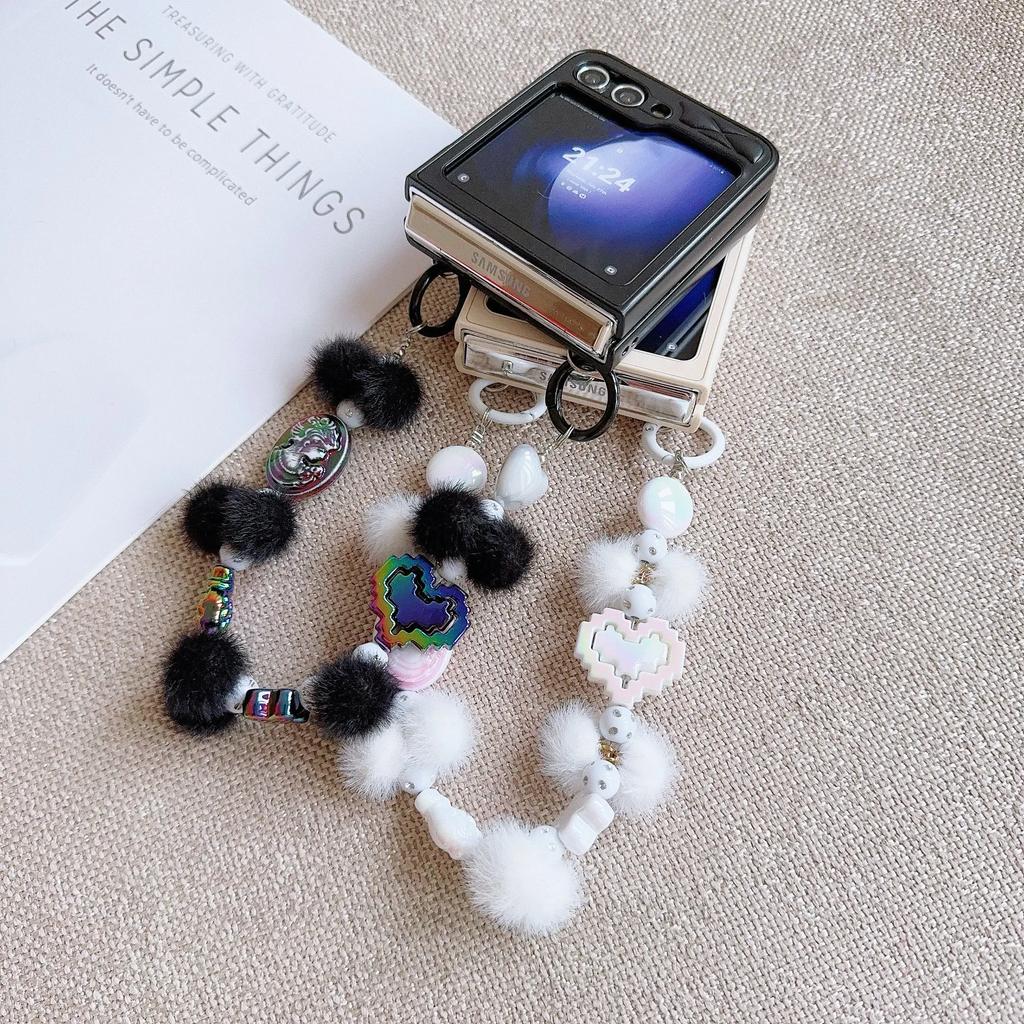 Cute Bobbles PU Leather Heart Wrist Strap Phone Case for Samsung Galaxy Z Flip 6 5 5G Hinge Protection Shockproof Cover