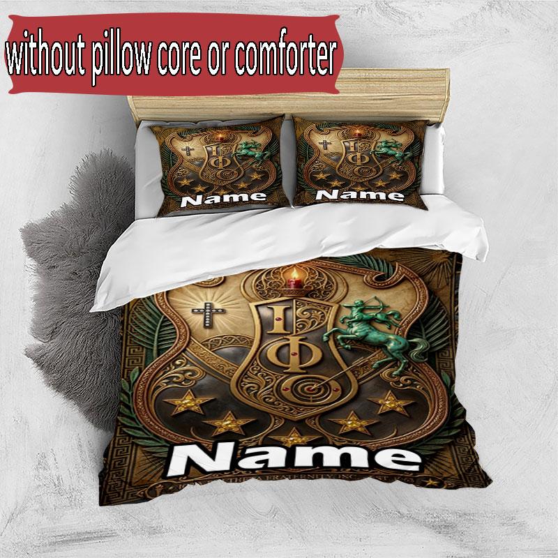 3pcs Duvet Cover Set (1*Duvet Cover + 2*Pillowcase, Without Core), Custom Name Iota Phi Theta Pattern Bedding Set, Home Bedroom Decor Gift