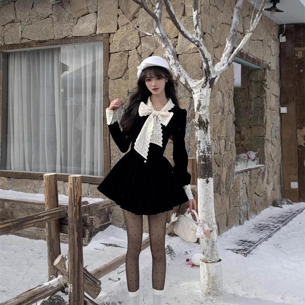 2025 Rich Girl Black Dress: Fragrant Style, Waist-Cinching Princess Dress for Autumn/Winter