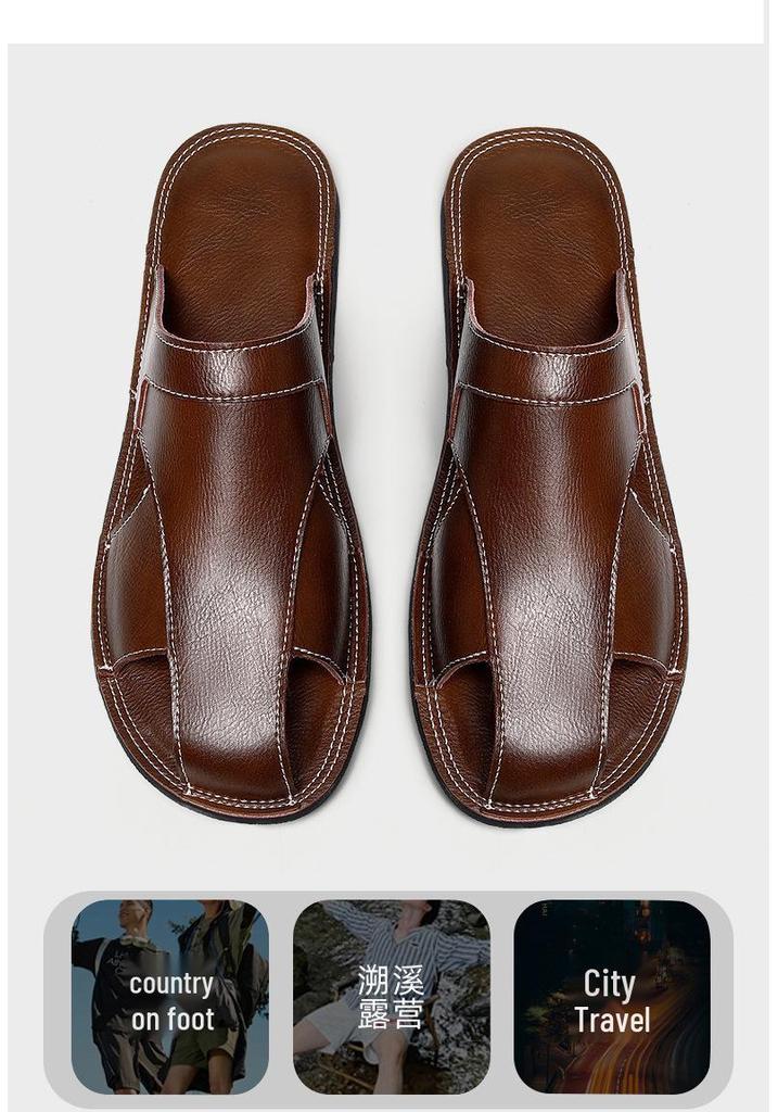 Men's Versatile Genuine Leather Beach Sandals, Sizes 46-47, Soft Sole Cowhide Summer Thong Slippers