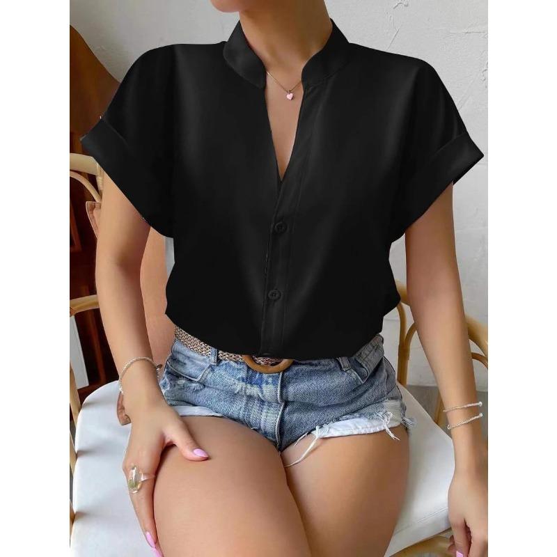 

Летняя простая женская рубашка с v-образным вырезом S чёрный