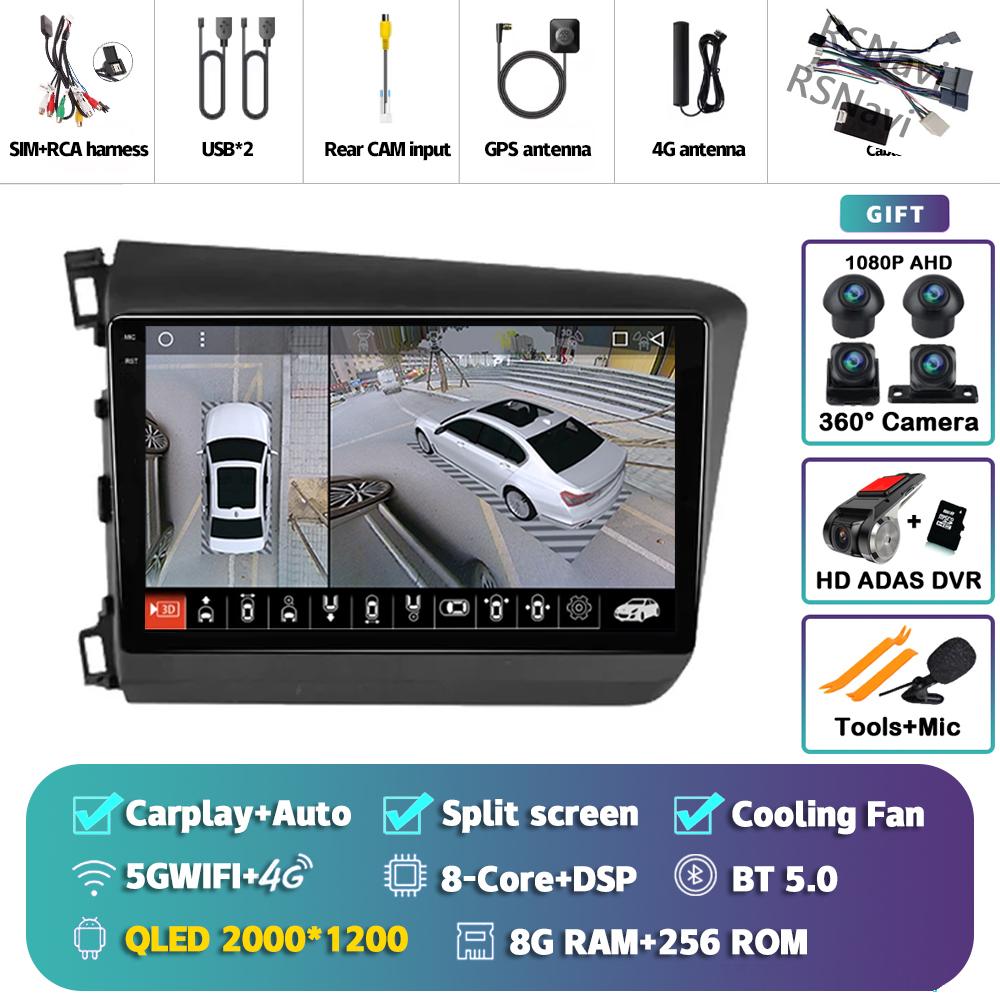 Android 14 Carplay Car Radio For Honda Civic 2012 - 2015 Multimedia Video Player Navigation GPS Stereo Head Unit 360 Camera DVD