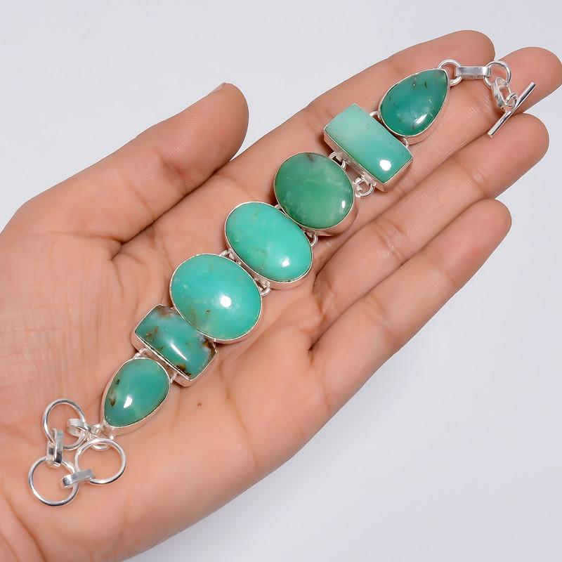 Oslnivý špičkový kvalitní 100% přírodní chryzopras mix tvarů etnický styl ručně vyráběné šperky 925 postříbřený náramek 6-8" WSJ-5158