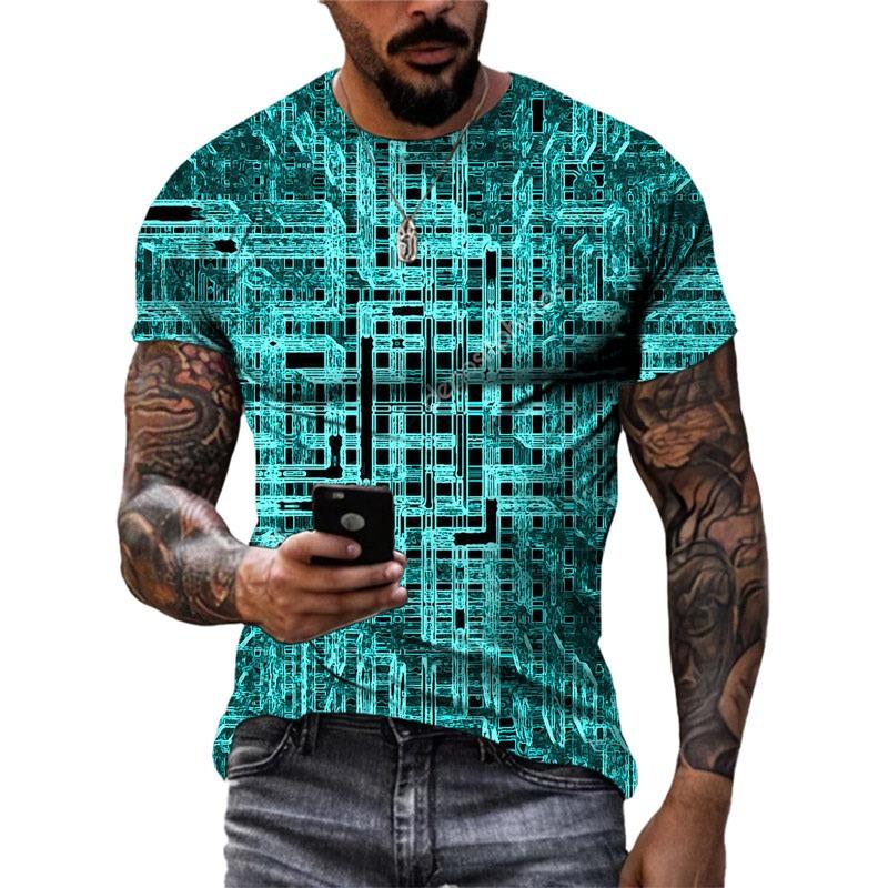Nuova T-shirt da Uomo Tecnologia Motivo Digitale Street Hip Hop Trend Top Girocollo Personalità Moda Casual Manica Corta Abbigliamento