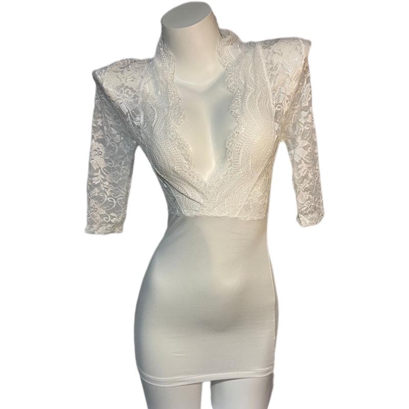 Lace Temptation Plus Size Sexy Lingerie: See-Through Deep V Exposed Breast & Hip-Wrapping Skirt Nightwear